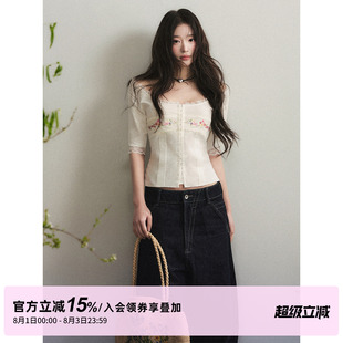 1P STUDIO 米白色纯棉绣花方领衬衫女夏季季收腰花边短款中袖上衣