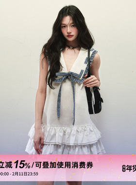 1P STUDIO 白色海军领系带无袖连衣裙女秋冬双层荷叶边宽松A字裙