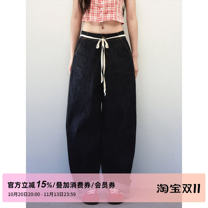 1P STUDIO 藏青色宽松挺阔牛仔阔腿裤女秋装系带装饰直筒弯刀裤