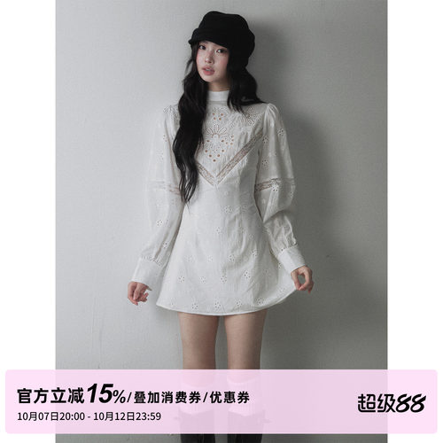 1P STUDIO 纯棉镂空绣花泡泡袖连衣裙女秋季蕾丝拼接收腰A字短裙