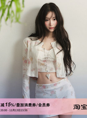 1P STUDIO 复古玫瑰碎花短款针织开衫背心吊带低腰包臀裙三件套装