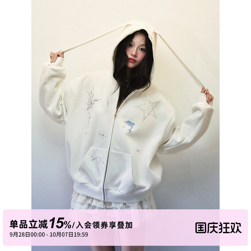 1P STUDIO 大兔耳朵宽松连帽卫衣蝴蝶烫钻直筒裤休闲两件套装女秋