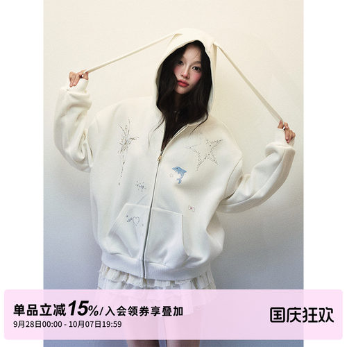 1P STUDIO 大兔耳朵宽松连帽卫衣蝴蝶烫钻直筒裤休闲两件套装女秋