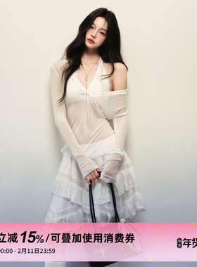 1P STUDIO 薄透V领紧身天丝羊毛针织打底上衣+V领挂脖针织胸衣女