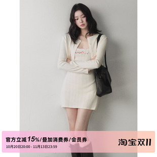 1P STUDIO 米杏纯棉短款开衫上衣绣花收腰吊带连衣裙两件套装