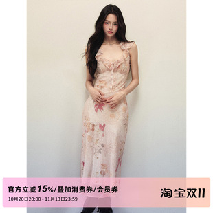 1P STUDIO 荷叶边V领小飞袖连衣裙女秋装波点提花雪纺收腰长裙子