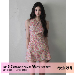 1P STUDIO 油画感碎花无袖连衣裙女秋装收腰修身短款A字背心裙子