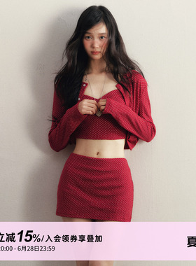 1P STUDIO 红色波点修身针织套装女春夏季短款开衫吊带短裙三件套