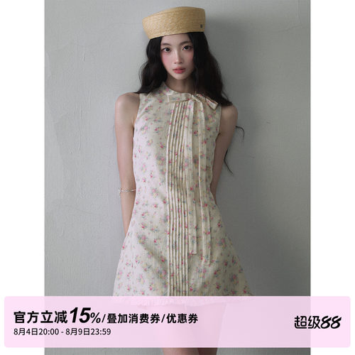1P STUDIO 碎花压褶背心连衣裙女夏季蝴蝶结系带花边无袖收腰短裙