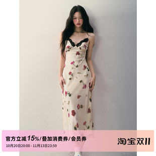 1P STUDIO 米色红玫瑰印花吊带连衣裙女秋装修身收腰蕾丝V领长裙