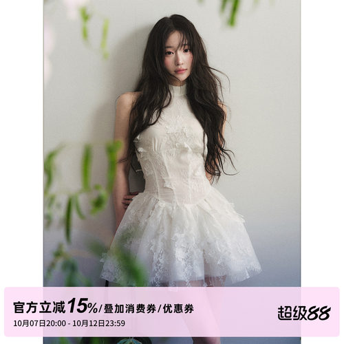 1P STUDIO 白色蕾丝花朵挖肩无袖连衣裙女秋装季高领收腰蓬蓬短裙