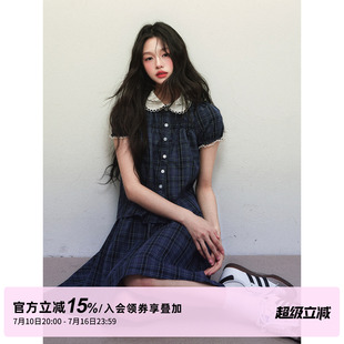 1P STUDIO 藏青格纹娃娃领短袖衬衫+压褶半身中裙两件套装女夏季