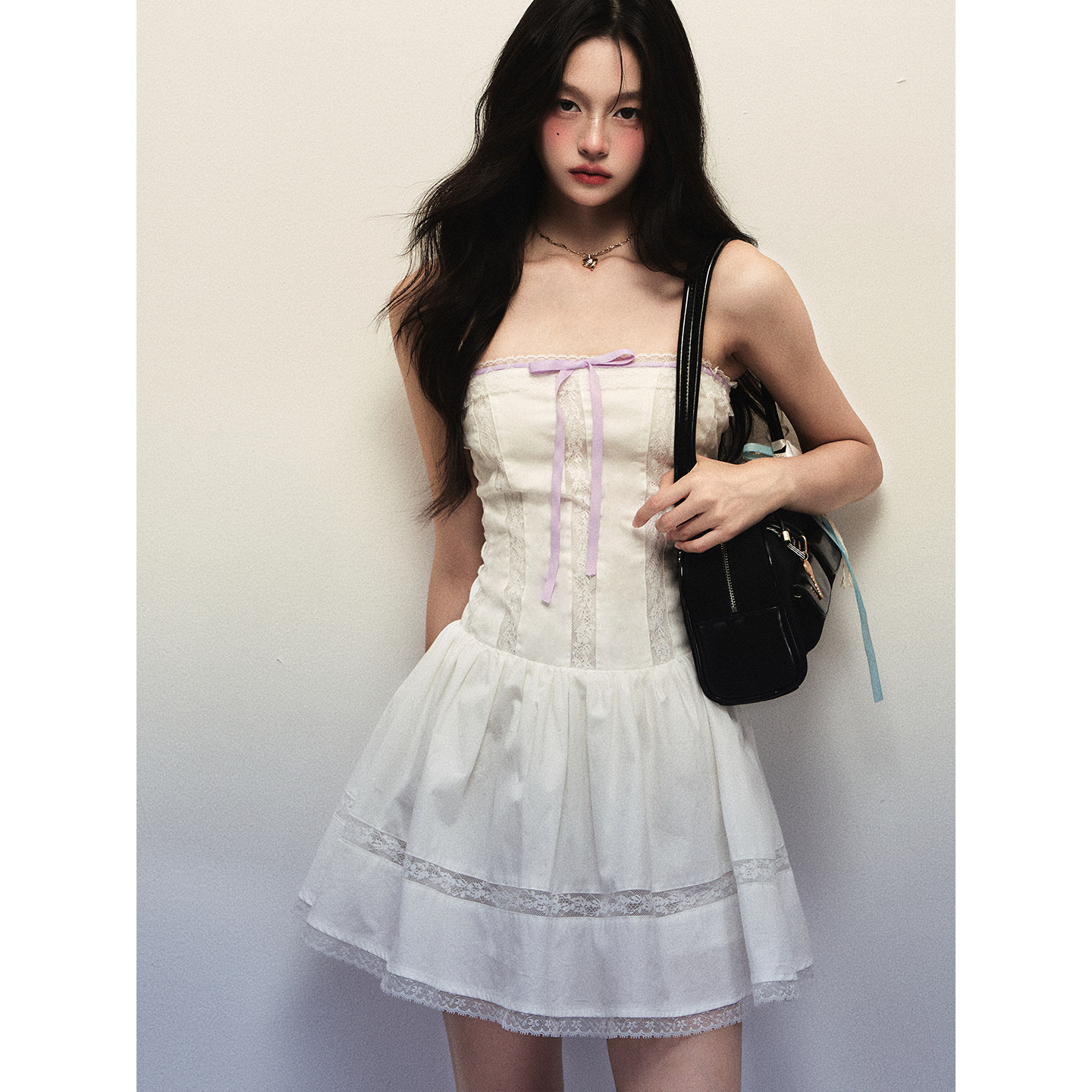 1P STUDIO 白色纯棉蕾丝花边吊带连衣裙女春夏蝴蝶结收腰无袖短裙