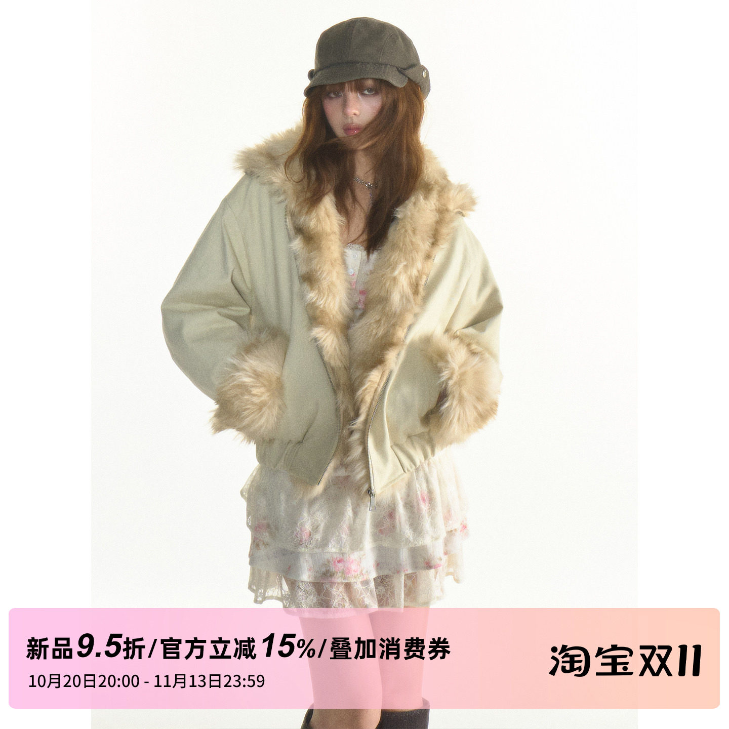 1P STUDIO【新品限时9.5折】浅杏绿工装风毛领棉服宽松夹棉短外套