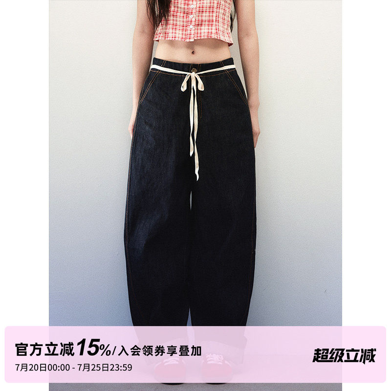 1P STUDIO 藏青色宽松挺阔牛仔阔腿裤女夏季系带装饰直筒弯刀裤