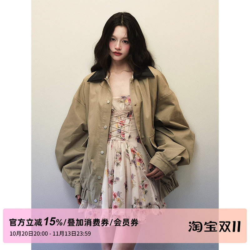 1P STUDIO 卡其绿撞黑色翻领宽松夹克外套女秋装大版型廓形短外套