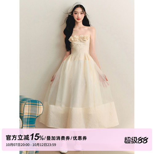 1P STUDIO “藤田美术馆”重工刺绣玫瑰手工花朵大摆量纱裙连衣裙