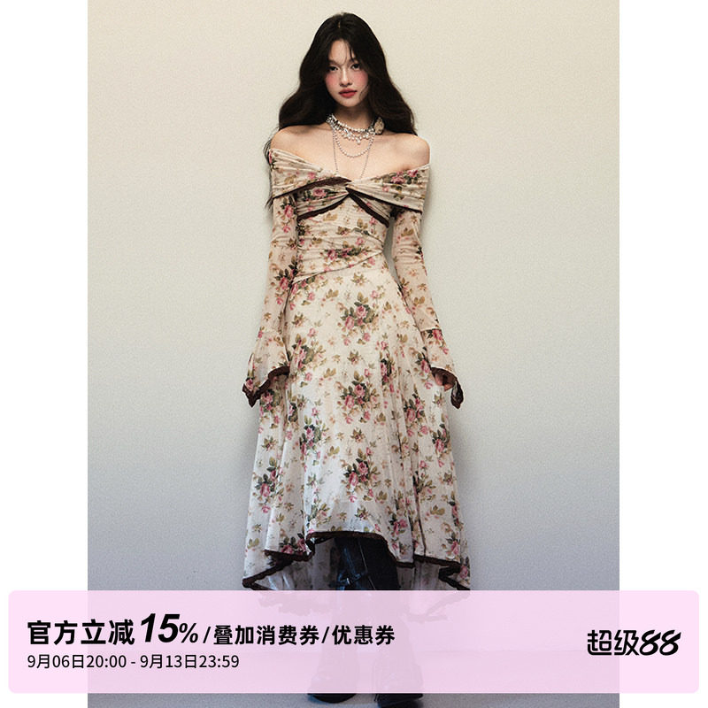 1P STUDIO 玫瑰弹力网纱不规则一字肩长袖连衣裙女春装