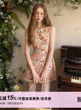 1P STUDIO 撞色小碎花背心连衣裙女春夏纯棉圆领修身收腰无袖短裙