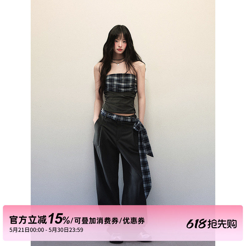1P STUDIO 格纹拼接辣妹套装女夏季抹胸上衣宽松系带阔腿裤两件套