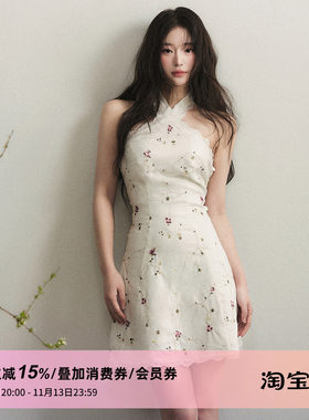 1PSTUDIO 白色蕾丝花边交叉挂脖连衣裙女秋装收腰挖肩无袖短裙子