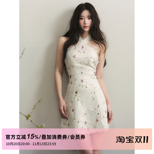 1PSTUDIO 白色蕾丝花边交叉挂脖连衣裙女秋装收腰挖肩无袖短裙子