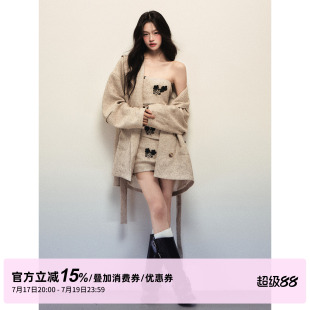 1P STUDIO 杏色宽松廓形毛呢外套女春秋系腰带呢子大衣抹胸裙套装