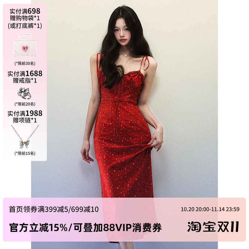 1P STUDIO 经典红色小碎花吊带连衣裙女秋冬抽绳修身收腰无袖长裙