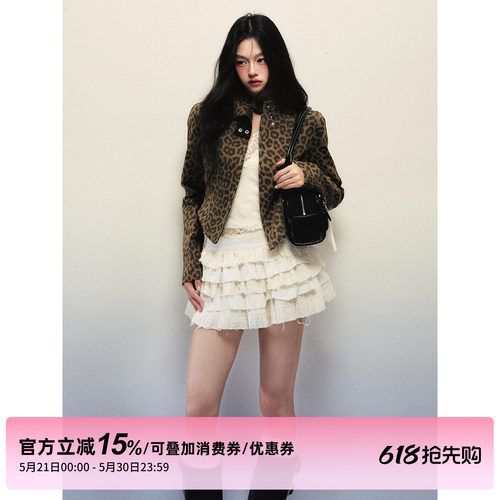1P STUDIO 豹纹印花机车风短外套女秋装新款修身收腰立领短款夹克