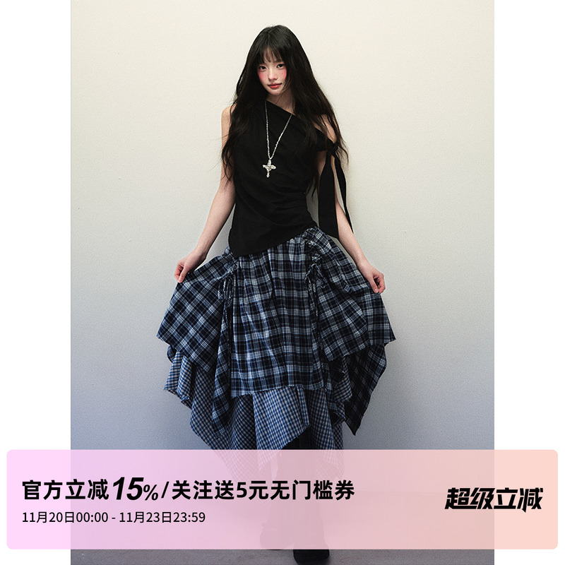 1P STUDIO 亚麻棉混纺斜肩无袖上衣女秋冬飘带打结不规则收腰背心