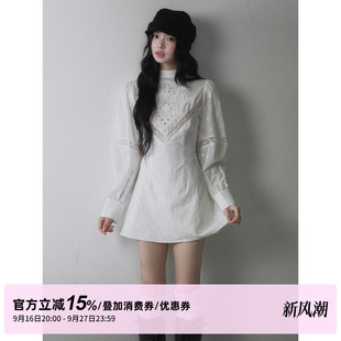 1P STUDIO 纯棉镂空绣花泡泡袖连衣裙女秋季蕾丝拼接收腰A字短裙