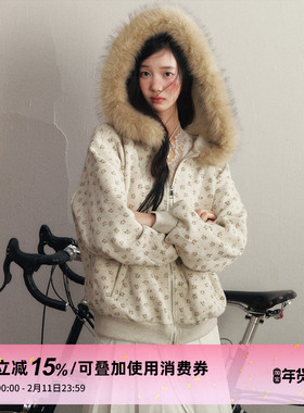 1P STUDIO 浅花灰碎花毛领连帽加绒卫衣女冬季宽松落肩袖插袋外套