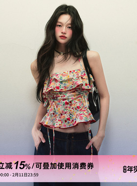 1P STUDIO 热夏红色小碎花背心吊带女秋冬荷叶边抽绳短款无袖上衣