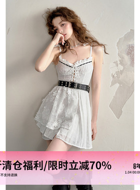 1P STUDIO【限时清仓 3折秒杀】绣花吊带裙镂空钩花绑带连衣裙女