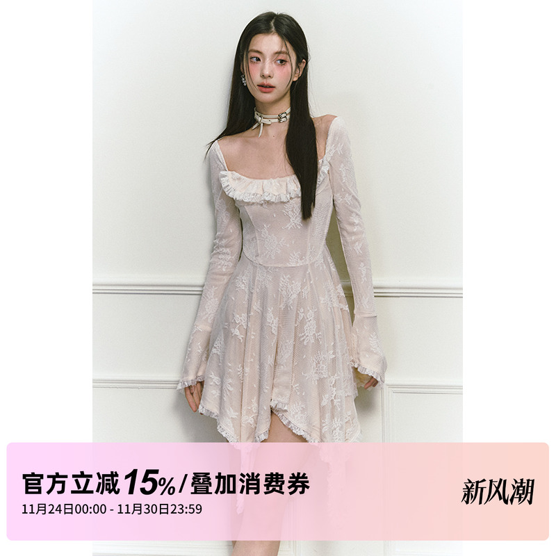 1P STUDIO原创设计 米色蕾丝花边方领连衣裙女秋冬不规则长袖裙子