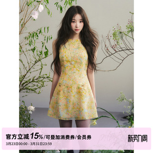 连衣裙女春夏圆领收腰天丝麻背心裙 明黄色晕染碎花无袖 STUDIO