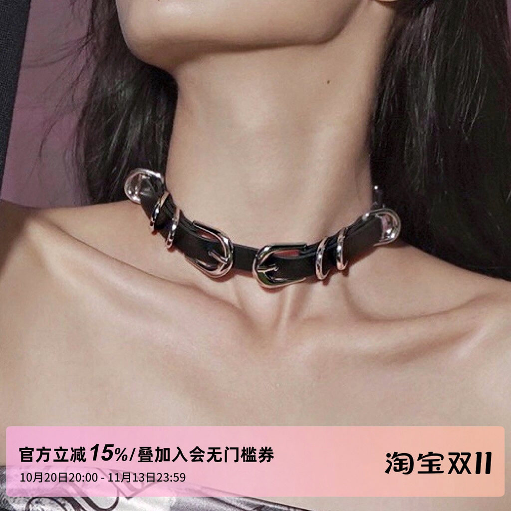 1P STUDIO原创设计 层叠圆环双扣头精致皮带choker项链颈饰配饰