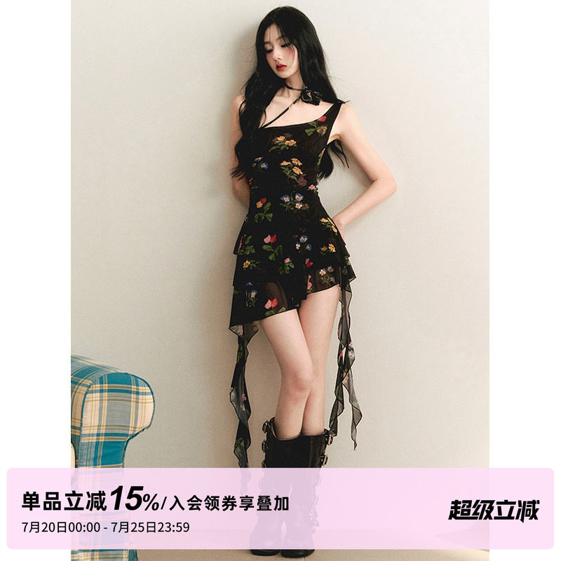 1P STUDIO "一席鸢尾"复古玫瑰印花斜肩连衣裙女夏季抽皱收腰短裙