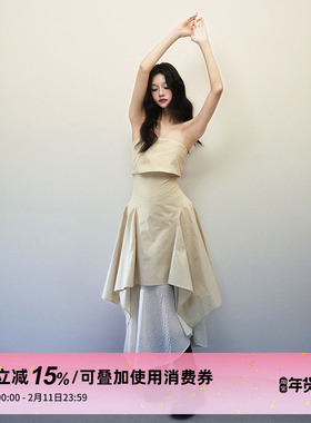 1P STUDIO 翻折双层抹胸连衣裙女秋装新款不规则拼接下摆收腰长裙