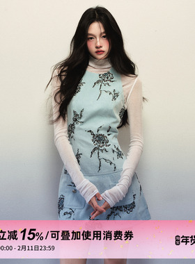 1P STUDIO 浅蓝玫瑰刺绣牛仔背心连衣裙+天丝羊毛针织打底衫套装