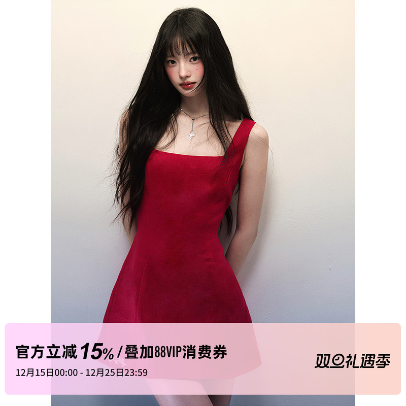 1P STUDIO 红色棉麻大方领背心连衣裙女秋冬A字裙摆修身收腰短裙