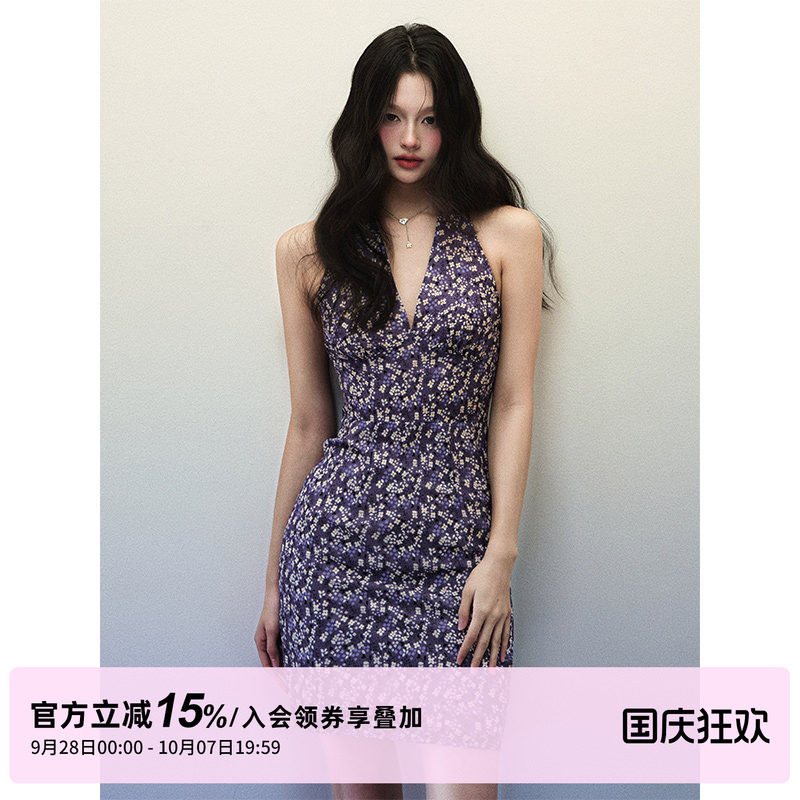 1P STUDIO 紫色碎花V领挂脖连衣裙女秋修身收腰性感露背无袖短裙