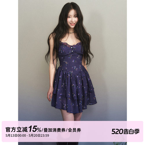 1P STUDIO 深紫色雪纺碎花吊带连衣裙女夏季双层裙摆收腰无袖短裙