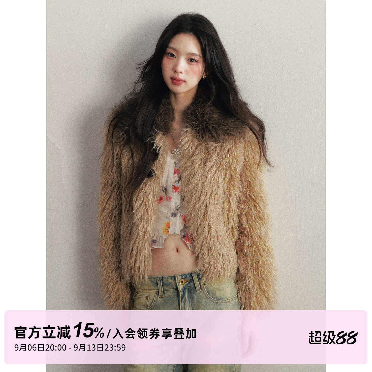 1P STUDIO 卡其色仿滩羊毛短款毛毛外套女秋冬修身毛领仿皮草大衣