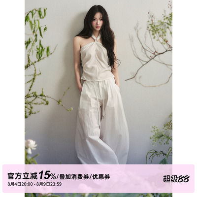 1P STUDIO 白色天丝纽结挂脖上衣休闲棉麻阔腿长裤两件套装女夏季