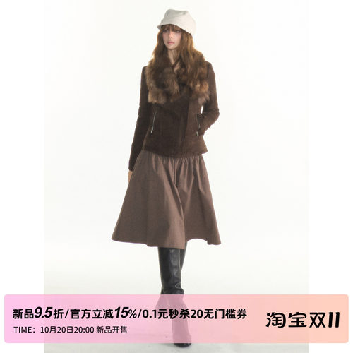 1P STUDIO【10/20 20:00】深咖色大毛领麂皮外套短款修身机车夹克