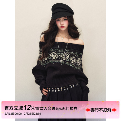 1P STUDIO 黑色玫瑰提花一字肩宽松毛衣女秋冬季氛围感针织衫上衣