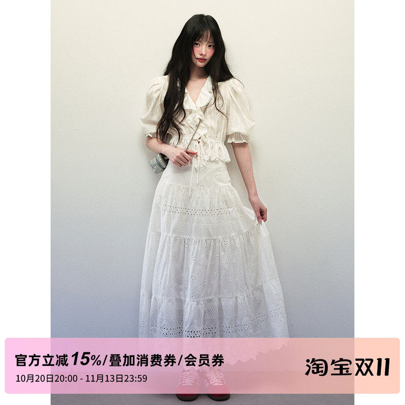 1P STUDIO 白色肌理短款泡泡袖衬衫女秋装镂空刺绣半身裙两件套装