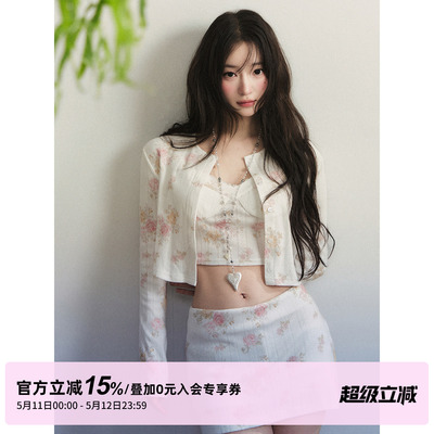 1P STUDIO 复古玫瑰碎花短款针织开衫背心吊带低腰包臀裙三件套装