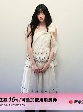 1P STUDIO 天丝刺绣斜肩绑带背心上衣女秋冬宽松收褶半身裙两件套